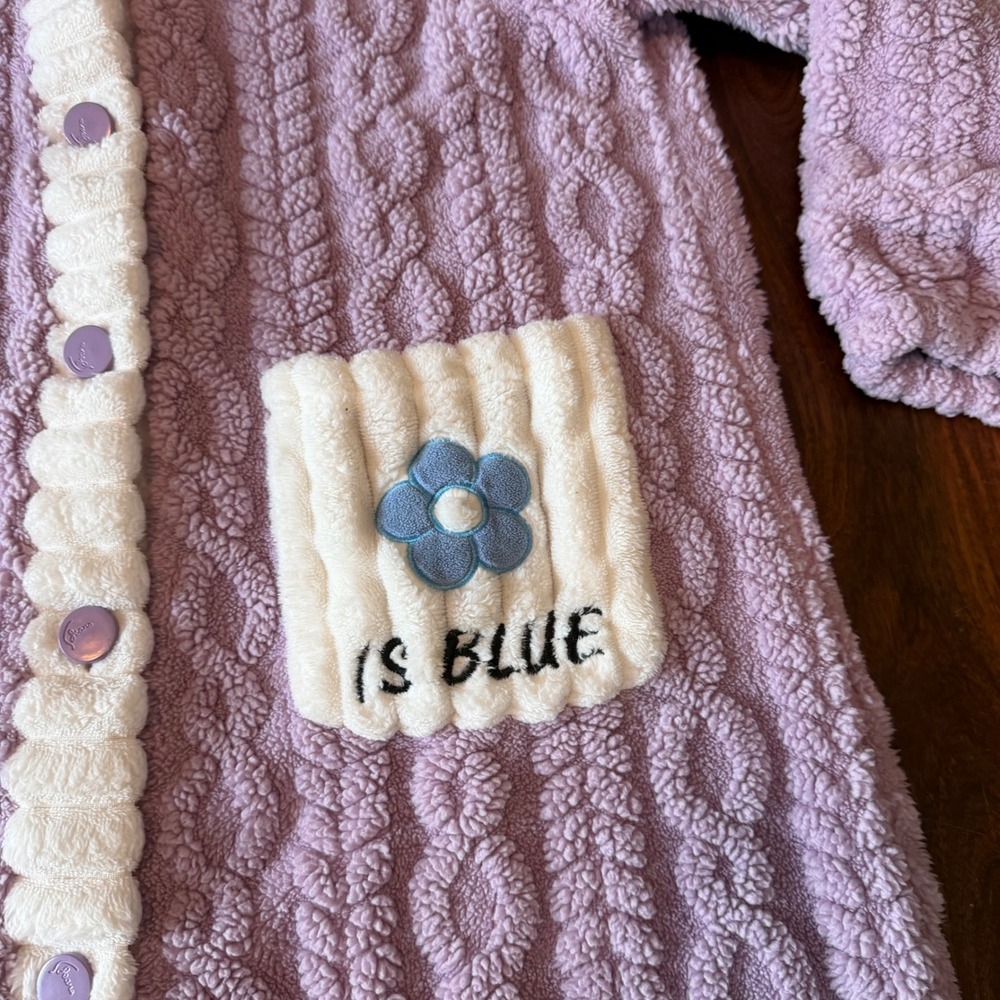 Seans Purple Cable Knit Fleece Robe Flower Applique‎ Button Front Housecoat Sz 2 - Picture 2 of 8